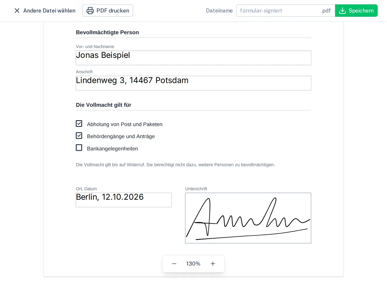 Eine Vollmacht in „PDF signieren“: ausgefüllt, zwei Kästchen angekreuzt, von Hand unterschrieben