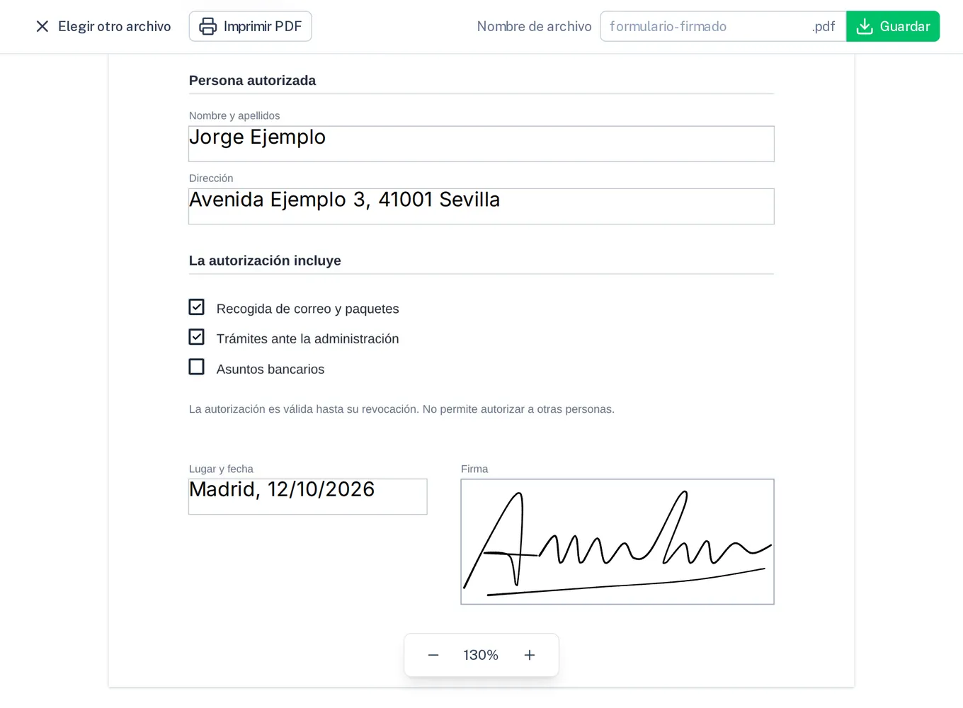 Una autorización en “Firmar PDF”: rellenada, dos casillas marcadas, firmada a mano