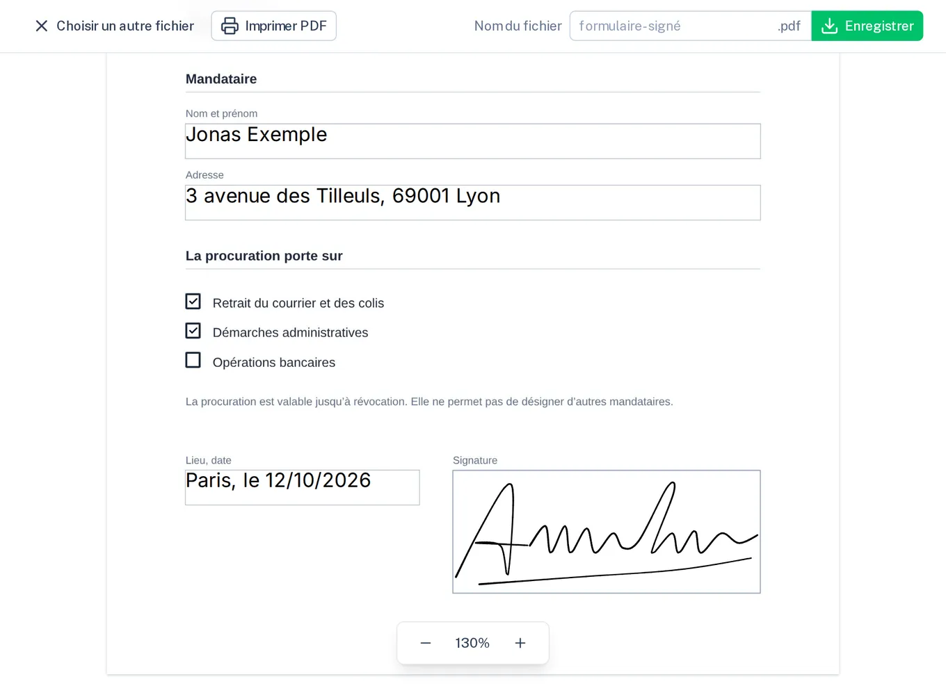 Une procuration dans « Signer un PDF » : remplie, deux cases cochées, signée à la main