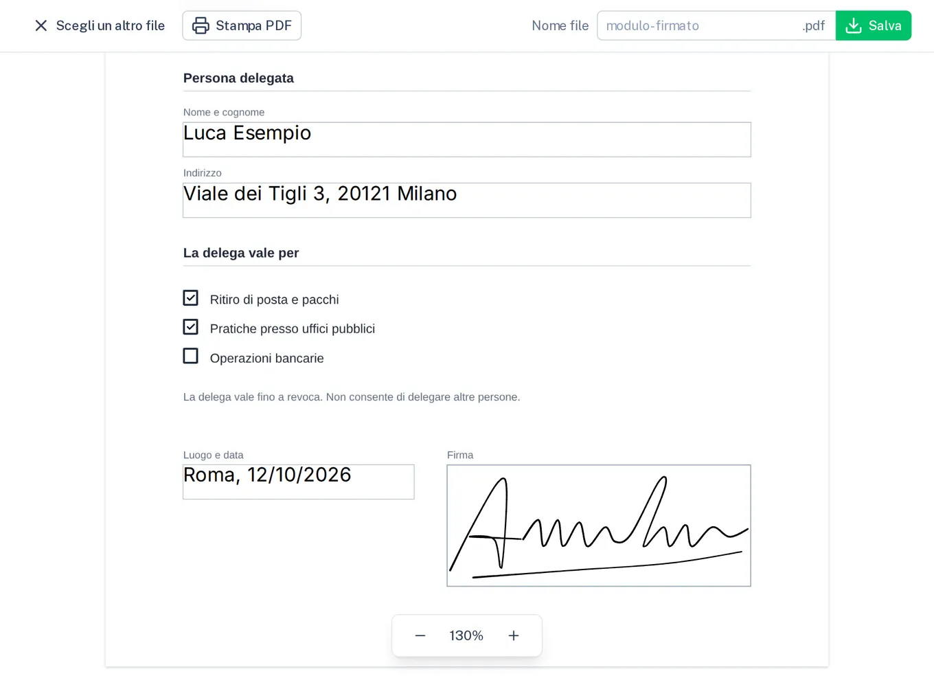 Una delega in “Firmare PDF”: compilata, due caselle spuntate, firmata a mano