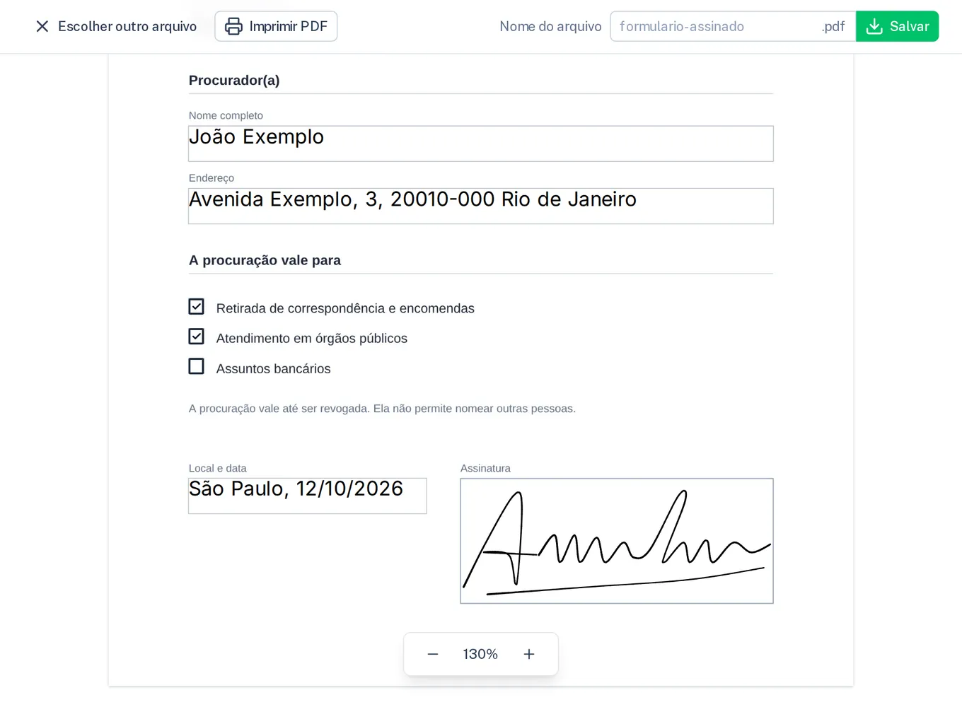 Uma procuração em “Assinar PDF”: preenchida, duas caixas marcadas, assinada à mão