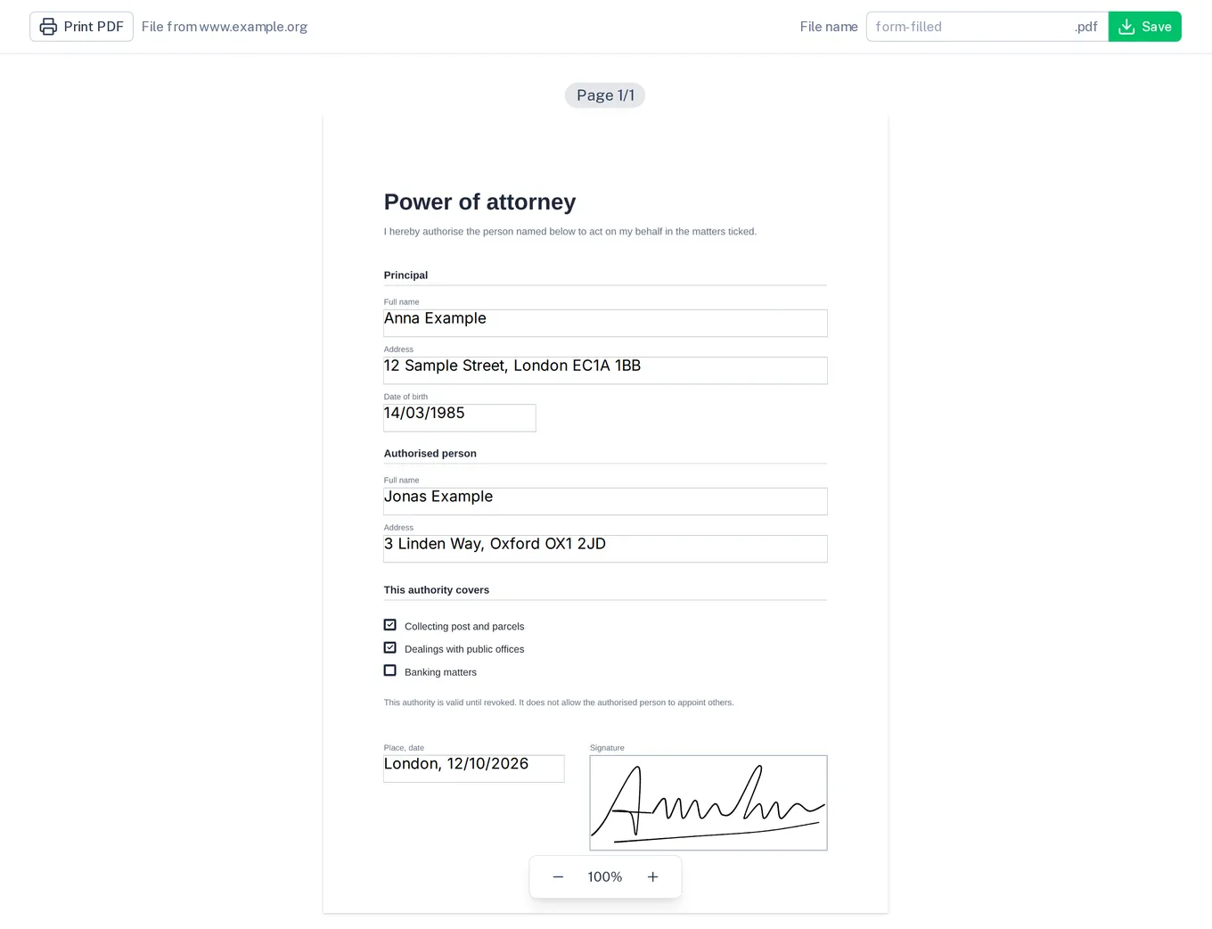 An embedded power of attorney, filled in and signed, with the source of the file in the toolbar