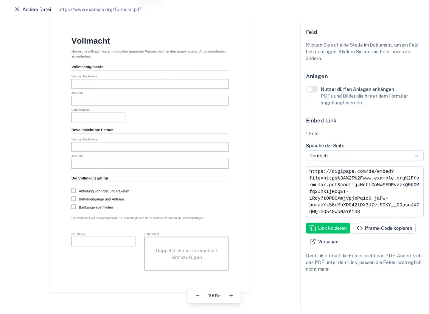 Der Embed-Editor mit einer Vollmacht, einem Unterschriftsfeld und dem erzeugten Link