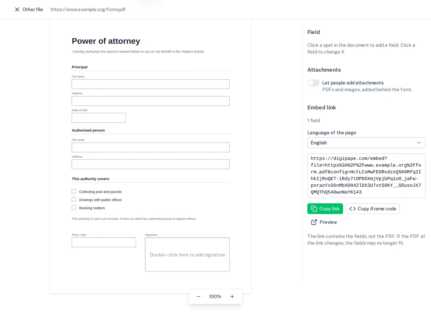 The embed editor with a power of attorney, a signature field and the generated link