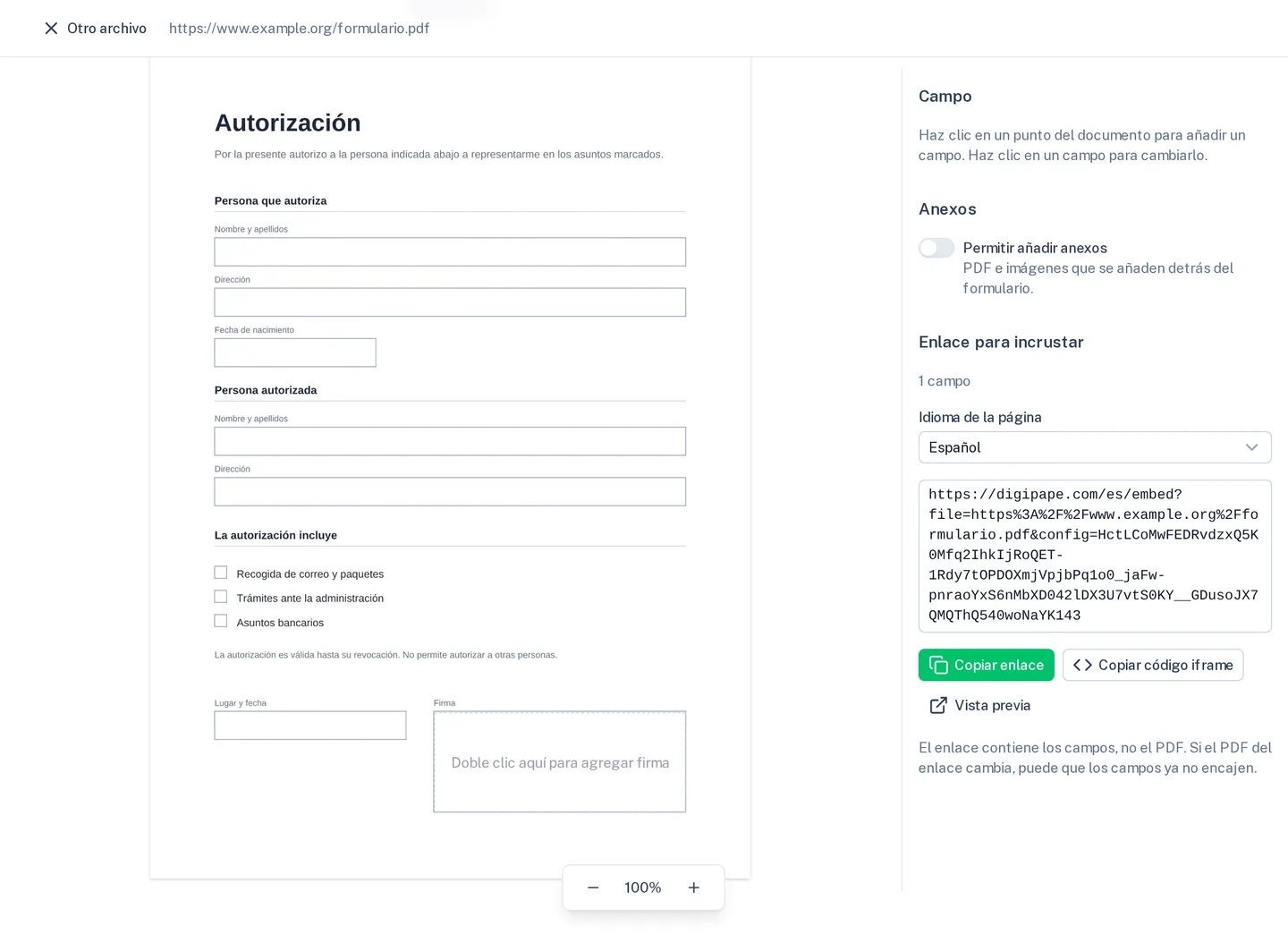 El editor de inserción con una autorización, un campo de firma y el enlace generado