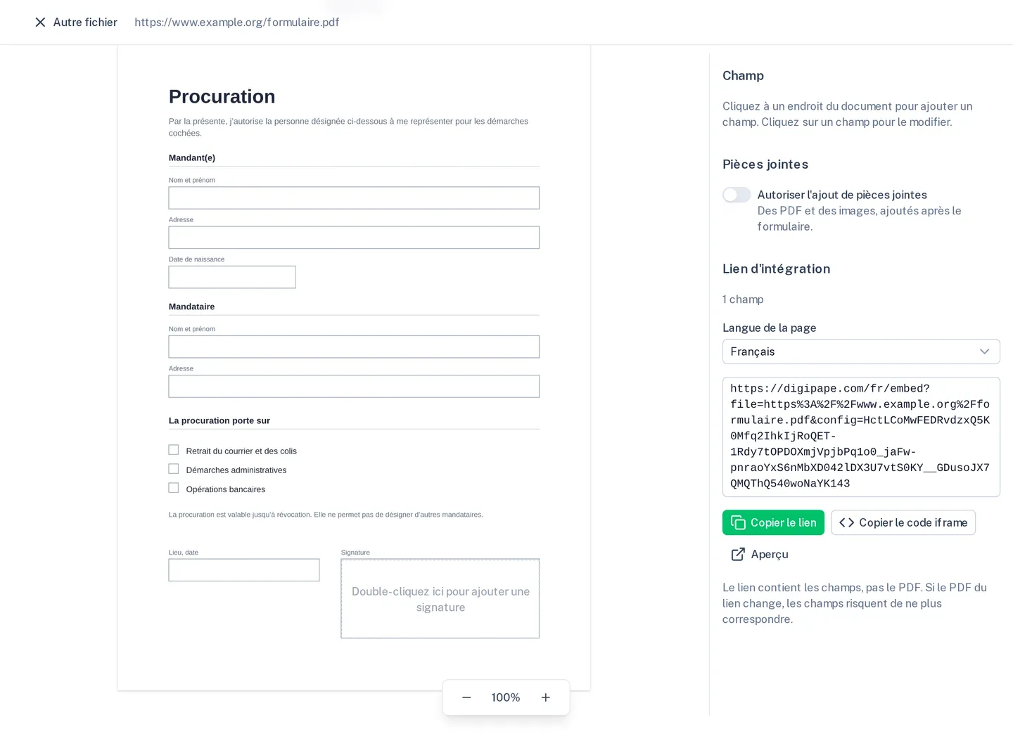 L’éditeur d’intégration avec une procuration, un champ de signature et le lien créé