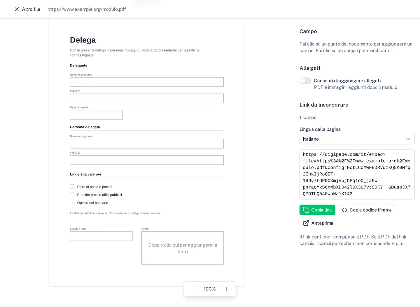 L’editor di incorporamento con una delega, un campo firma e il link generato