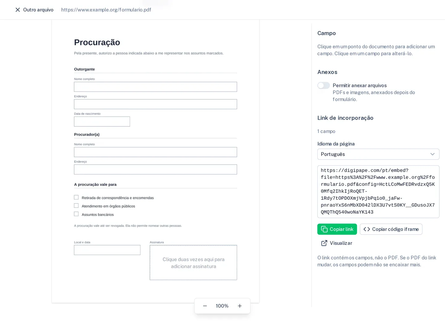 O editor de incorporação com uma procuração, um campo de assinatura e o link gerado