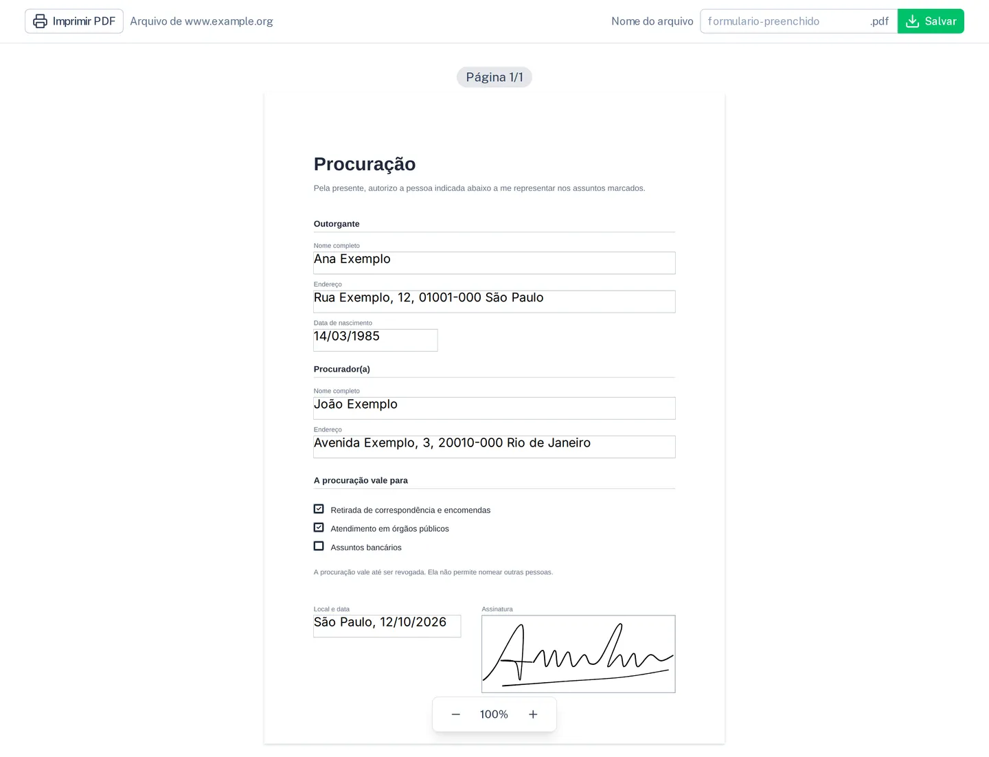 Uma procuração incorporada, preenchida e assinada