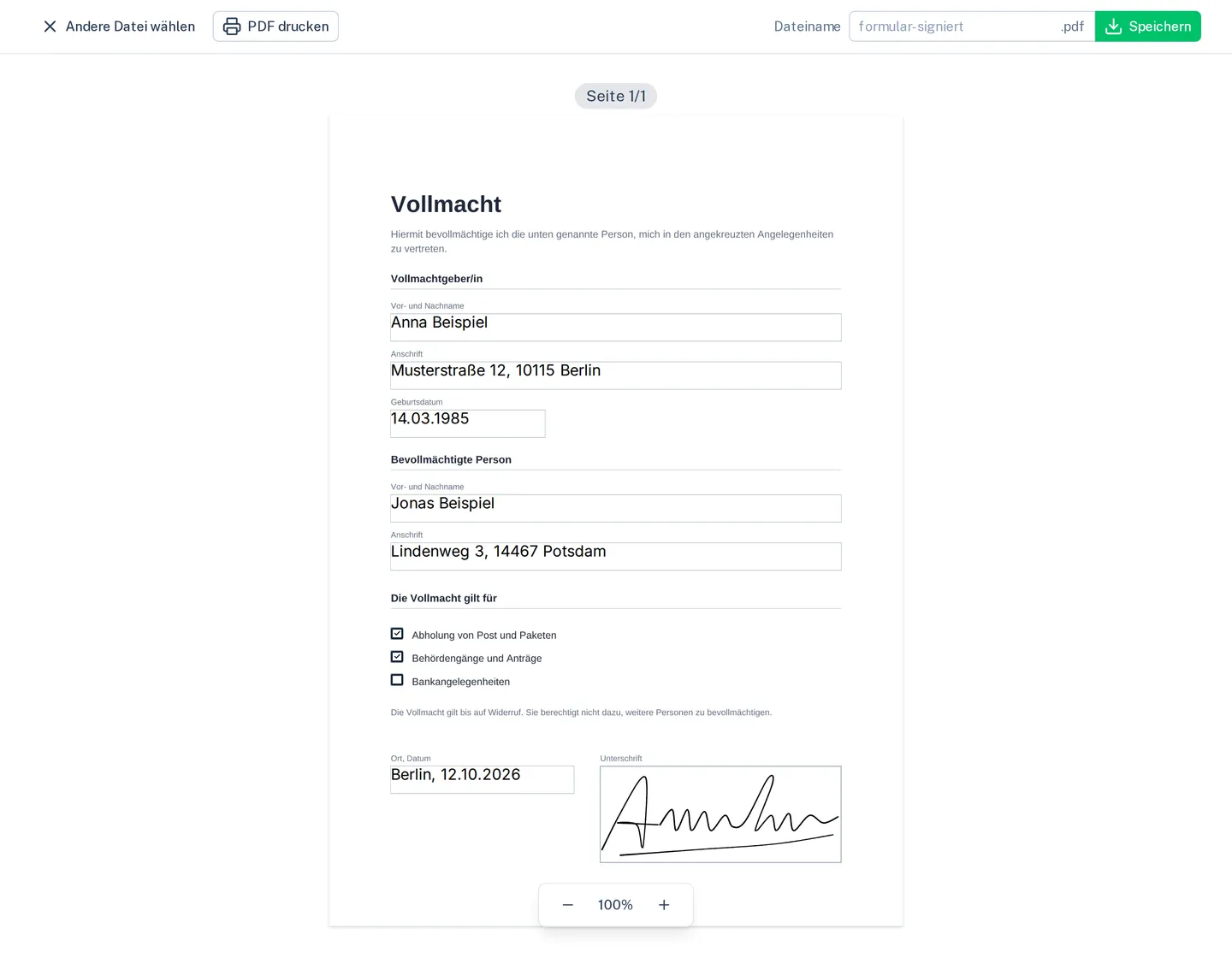 Eine Vollmacht in „PDF signieren“: alle Felder ausgefüllt, zwei Kästchen angekreuzt, unterschrieben