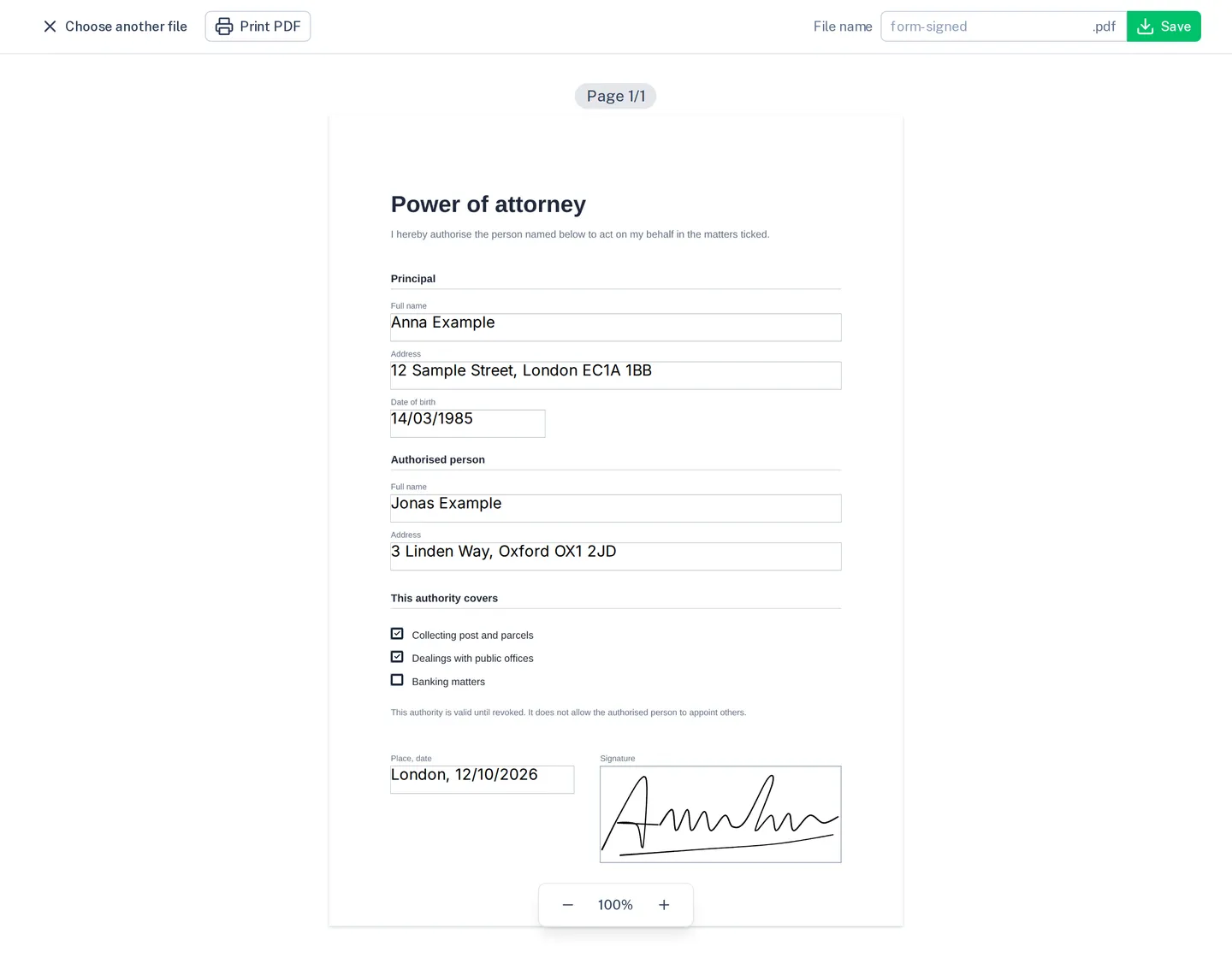 A power of attorney in “Sign PDF”: every field filled in, two boxes ticked, signed
