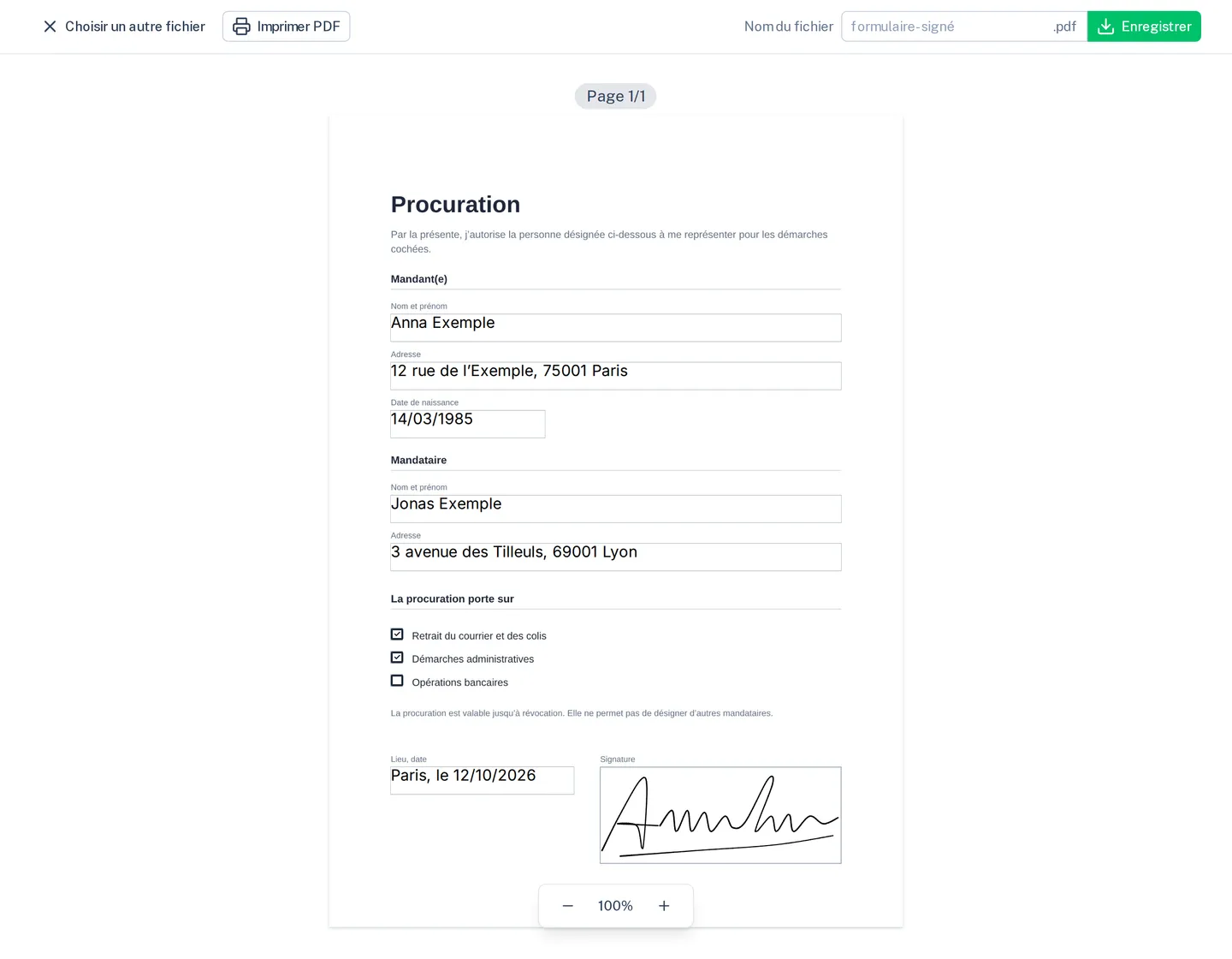 Une procuration dans « Signer un PDF » : tous les champs remplis, deux cases cochées, signée
