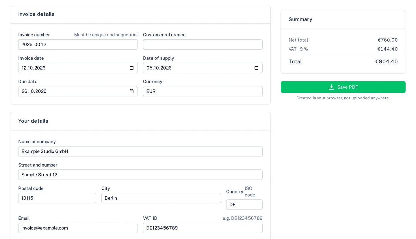 “Create invoice” with filled-in invoice details and the summary with net amount, VAT and total
