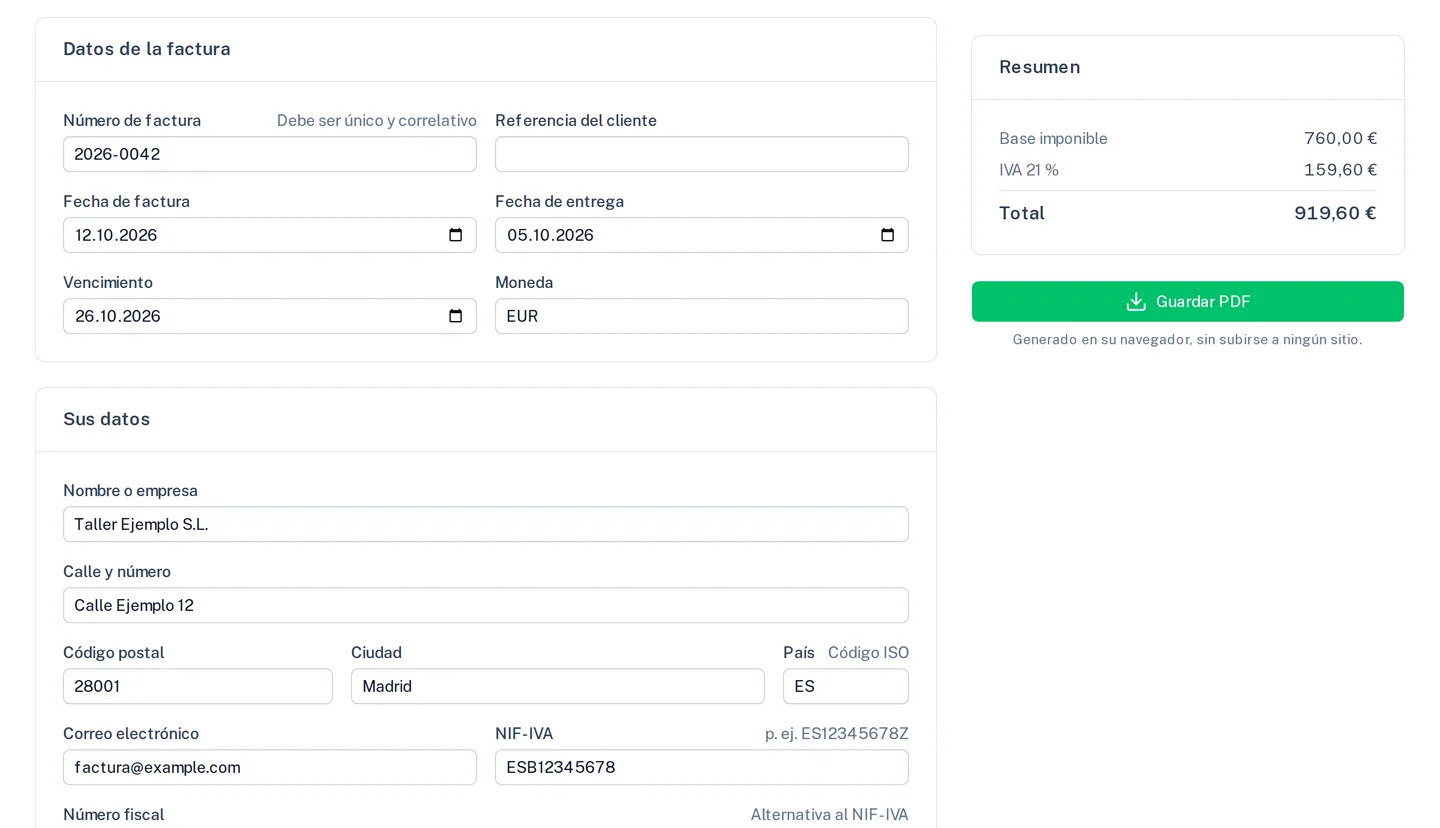 “Crear factura” con los datos de la factura rellenados y el resumen con base imponible, IVA y total