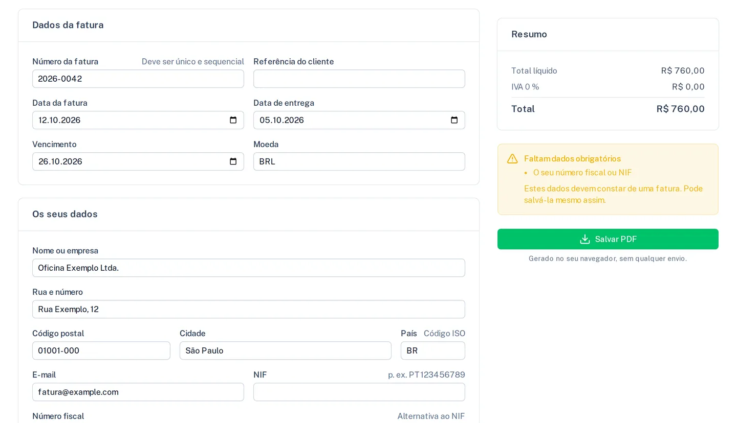 “Criar fatura” com os dados da fatura preenchidos e o resumo com valor líquido, imposto e total
